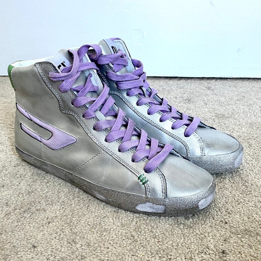 Diesel s-leroji mid x silver high top sneakers - size 9 (size 40)
